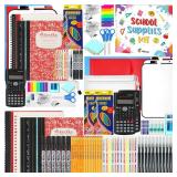 Gilprop 2 Sets School Supply Kit 97 Pcs Per Set Back to School Essentials Bundle Pencils Scissors Glue Highlighter Marker Pen Notebook Eraser Sharpener Calculator Stapler for Middle High Students - Re