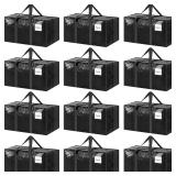 12 Pack Extra Heavy Duty Large Moving Bags with Strong Zipper and Comfortable Handles, Sturdy and Durable Clothes Storage Bags Totes Bins, Packing Moving Boxes for College Supplies, Black - Retail: $5