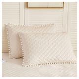 LIFEREVO Set of 2 Diamond Quilted Velvet Bed Pillowcases 20\x36\in, Pom Poms Fringe Decorative Throw Pillow Shams, Soft Bed Pillow Cases Zipper Closure for Teenfts Girls Bedroom (Beige, King) - Retail