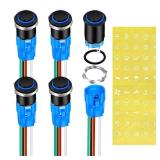 DaierTek Latching Push Button Switch 12V Pushbutton Switch Blue LED 12 Volt Push Button Switch Metal Waterproof ON Off Switch 16mm with Label -5Pack - Retail: $16
