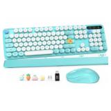 Wireless Keyboard and Mouse Combo, Full-Size Retro Typewriter Keyboard with Detachable Wrist Rest, Round Keycaps, Sleep Mode and Tilt Legs, 2.4GHz Cordless Connection for WindowsPC (Robin Egg Blue) - 