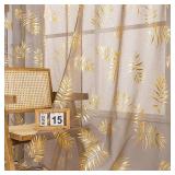 Sutuo Home Taupe Sheer Curtains 96 Inches Long 2 Panels Set, Gold Foil Print Metallic Bronzing Tropical Leaves, Window Treatment Decor Drape Pair for Bedroom Living Room 52 W x 96in L - Retail: $27