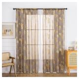 Sutuo Home Taupe Sheer Curtains 96 Inches Long 2 Panels Set, Gold Foil Print Metallic Bronzing Tropical Leaves, Window Treatment Decor Drape Pair for Bedroom Living Room 52 W x 96in L - Retail: $27