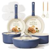CAROTE 15pcs Pots and Pans Set, Nonstick Cookware Set Detachable Handle, Induction Kitchen Cookware Sets Non Stick with Removable Handle, RV Cookware Set, Gold and Blue