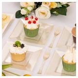 DaYammi 200Pcs Gold Dessert Plates Including 100Pcs Appetizer Plates 6",100Pcs Plastic Forks 5.7in,Gold Glitter Plastic Square Plate for Party,Gold Salad Plate and Cake Forks for Wedding Birthday - Re
