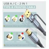Printer Cable 2-in-1 USB-AC to USB-B Cord 6.6FT, Type C MIDI Cable Braided High Speed Printer Cord for HP Canon Dell Epson Brother Samsung, MacBook ProAir,Digital Piano MIDI Controller-Grey - Retail: 