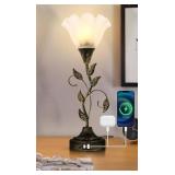Touch Table Lamp with USB C+A Charging Ports - Flower Bedside Lamp for Nightstand, 3-Way Dimmable, Retro Leaf Decor for Bedroom Living Room with Glass Shade (LED Bulb Included) (White Glass 1 Pack)