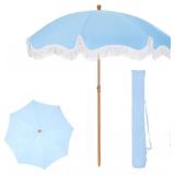 PHI VILLA 7ft Beach Umbrella with Fringe & Sand Anchor, Outdoor Patio Heavy Duty Windproof Portable Tassel Umbrellas for Sand with Push Button Tilt & Carrying Bag, UPF 50+, Light Blue (No Base)