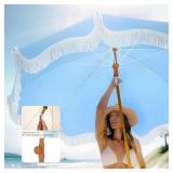 PHI VILLA 7ft Beach Umbrella with Fringe & Sand Anchor, Outdoor Patio Heavy Duty Windproof Portable Tassel Umbrellas for Sand with Push Button Tilt & Carrying Bag, UPF 50+, Light Blue (No Base)
