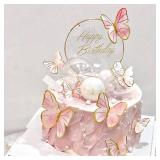 Pink Butterfly Cake Toppers, 11pcs Cupcake Toppers Happy Birthday Metal Gold Topper for Girls Women