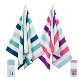 2 Pack Oversized Quick Dry Beach Towels, Microfiber Sandfree Cabana Stripe Pool Bath Swim Towel with Bag, Lightweight and Thin (Green and Purple, 35x70 Inches)