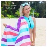 2 Pack Oversized Quick Dry Beach Towels, Microfiber Sandfree Cabana Stripe Pool Bath Swim Towel with Bag, Lightweight and Thin (Green and Purple, 35x70 Inches)