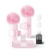 Wireless Lavalier Microphone for iPhone iPad and Android Phone, 2 Pack Lapel Mic Plug and Play Wireless Mic Noise Reduction Microphone for Video Recording Interview Podcast Vlog YouTube Tiktok (Pink) 