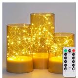 LED Flameless Flickering Battery Operated Candles with Remote Timer, Real Wax Moving Wick Pillar Glass Candles for Festival Wedding Christmas Home Party Decor(Gold, Pack of 3) - Retail: $27