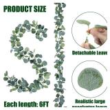 6 Pack Artificial Eucalyptus Garland Greenery Leaves Handmade 3D Silk Vines Silver Dollar Leaves Faux Leaf Plants for Wedding Wall Table Party Home Fireplace Bedroom Decor