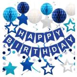 Birthday Decorations, Happy Birthday Banner with Honeycomb Balls, Stars Hanging Swirl Streamers, Circle Dots Garland, Happy Birthday Party Decorations for Women Men Boys Girls (Blue) - Retail: $14