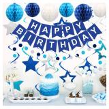Birthday Decorations, Happy Birthday Banner with Honeycomb Balls, Stars Hanging Swirl Streamers, Circle Dots Garland, Happy Birthday Party Decorations for Women Men Boys Girls (Blue) - Retail: $14