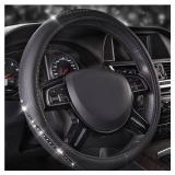 CAR PASS Bling Diamond Black Leather Steering Wheel Cover, Studded Crystal Rhinestones Universal Fit 14 1/2-15" Glitter for Women Sparkle Girl Fit Silver Diamond - Retail: $14"