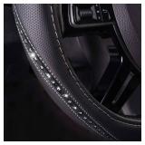 CAR PASS Bling Diamond Black Leather Steering Wheel Cover, Studded Crystal Rhinestones Universal Fit 14 1/2-15" Glitter for Women Sparkle Girl Fit Silver Diamond - Retail: $14"