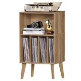 Record Player Stand, Oak Turntable Stand Holds up to 160 Albums, Mid-Century Vinyl Storage Cabinet Table with Solid Wood Legs, Record Player Holder Display Shelf for Bedroom Living Room - Retail: $90