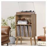 Record Player Stand, Oak Turntable Stand Holds up to 160 Albums, Mid-Century Vinyl Storage Cabinet Table with Solid Wood Legs, Record Player Holder Display Shelf for Bedroom Living Room - Retail: $90