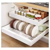 2 Pack Pull out Cabinet Organizer 21Deep With Raising Pad for Framed Cabinets, Expandable Slide out Drawers for Kitchen Cabinets with 4pcs Divider Racks, Roll out Shelves 12.1"-20.4" W White. One Has 