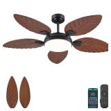 PHORUS 52 Inch Tropical Ceiling Fans with Lights and Remote,Outdoor Palm Leaf Ceiling Fan for Patios Porch Bedroom, Dimmable, 6 Speeds, Reversible, Dark Brown