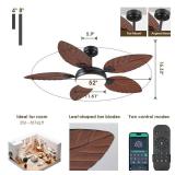 PHORUS 52 Inch Tropical Ceiling Fans with Lights and Remote,Outdoor Palm Leaf Ceiling Fan for Patios Porch Bedroom, Dimmable, 6 Speeds, Reversible, Dark Brown