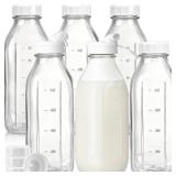 Liter Glass Milk Bottles w 100% Airtight Heavy Duty Screw Lid & 2 Dispenser- 6 Pack 32 Oz Drinking Jars - Food Grade Glass Bottles for Milk, Honey, Jam - Dishwasher Safe(Extra 2 Lids and Stickers)