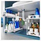 VERIFOST 2 Pack Under Sink Organizers and Storage, Double Sliding Kitchen Cabinet Organizer, 2 Tier Height Adjustable Countertop Organizer for Kitchen Bathroom Laundry, White