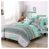 Boho Comforter Set Queen Size,8 Piece Bed in a Bag Sage Green Paisley Comforter and Sheet Set,Striped Bedding Set Soft Microfiber Complete Bedding Set - Retail: $48