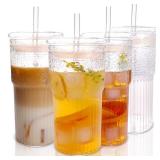 WeirdUncle Set of 4 20oz Glass Tumblers with lids and straws, Vintage Ribbed Glass Cups set, Origami Style, Thickened Glass, Ideal for Water, Iced Coffee, Juice, Milk Tea, Beer, Housewarming Gift - Re