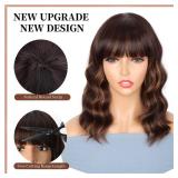 ENTRANCED STYLES Brown Highlight Wig with Bangs for Women Short Wavy Curly Brown Bob Wigs Medium Length 14 inch Synthetic Hair for Daily Party Use - Retail: $24