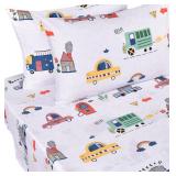 J pinno Cars Bus Traffic Transport Boys Full Sheet Set Bedroom Decoration Gift, 100 Cotton, Flat Sheet + Fitted Sheet + Pillowcase Bedding Set (12, Full) - Retail: $45