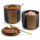 YHOJOY Salt and Pepper Bowl, Ceramic Salt Containers for Countertop, Salt and Pepper Cellar with Lid and Spoons, Black - Retail: $20