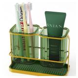 Countertop Toothbrush Holders, Electric Tooth Brush and Toothpaste Holder for Bathroom Wall with Hook, 2 Cups Toothbrush Organizer with Drain Tray Bathroom Accessories Storage (Green) - Retail: $14