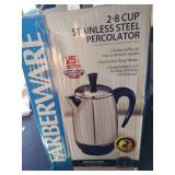 Farberware Electric Coffee Percolator, Stainless Steel Basket, Automatic Keep Warm, No-Drip Spout, 8 Cup - Retail: $62