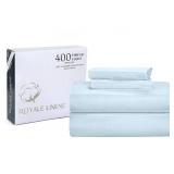 ROYALE LINENS 400 Thread Count 100 American Grown Cotton 4 Piece Sateen King Sheet Set - 1 Fitted, 1 Flat Sheet, 2 Pillow case - Blue Bedsheet Set - Cooling Cotton Sheets - (King, Caribbean Blue) - Re