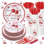 Romooa 168pcs Shefts the Cherry on Top Paper Plates and Napkins Coquette Cherry Bow Baby Shower Party Supplies Decorations Tableware Include Plate Paper Napkin Cup for 24 Guests Bridal Wedding Birthda
