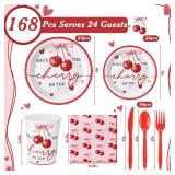 Romooa 168pcs Shefts the Cherry on Top Paper Plates and Napkins Coquette Cherry Bow Baby Shower Party Supplies Decorations Tableware Include Plate Paper Napkin Cup for 24 Guests Bridal Wedding Birthda