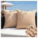 Kevin Textile Outdoor Waterproof Throw Pillow Covers Pack of 2 Farmhouse Decorative Cushion Covers for Garden Patio Tent Balcony Bench Couch Sofa 20x20 Inch, Light Brown - Retail: $19