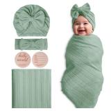 Golener Muslin Swaddle Blankets,Sleepea Swaddle with Bow Headbands, Hats Set and Newborn Name Announcement Card, Stretchy Baby Blankets for Girls and Boys Unisex, Perfect for Newborn Photos (Olive)onl