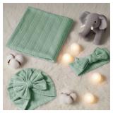 Golener Muslin Swaddle Blankets,Sleepea Swaddle with Bow Headbands, Hats Set and Newborn Name Announcement Card, Stretchy Baby Blankets for Girls and Boys Unisex, Perfect for Newborn Photos (Olive)onl