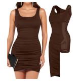 Popilush Mini Dresses for Women U-Neck Shapewear Tummy Control Bodycon Ruched Dress Party Club Date Night Going Out Brown Large