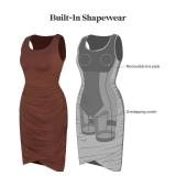 Popilush Mini Dresses for Women U-Neck Shapewear Tummy Control Bodycon Ruched Dress Party Club Date Night Going Out Brown Large
