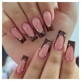 French Tip Press on Nails with Heart Designs 24Pcs Glossy Brown Medium Square False Nails Reusable Full Cover Artificial Coffin Fake Nails with Glue Acrylic False Fingernails with Charm for Women - Re