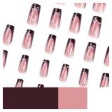 French Tip Press on Nails with Heart Designs 24Pcs Glossy Brown Medium Square False Nails Reusable Full Cover Artificial Coffin Fake Nails with Glue Acrylic False Fingernails with Charm for Women - Re