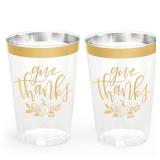 xo, Fetti Thanksgiving Gold Foil Plastic Cups - 30 Disposable Foil 12 oz Cups | Give Thanks Decorations, Festive Party Cups, Autumn Leaves, Pumpkins, Fall Table Décor - Retail: $24
