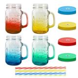 eispap 16 oz Glass Mason Jars with Handles Set Of 4 Colored gradient Embossed and Metal Lids and Hard Plastic Straws Drinking Glasses Cups Mug Set for Iced Coffee, Tea