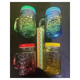 eispap 16 oz Glass Mason Jars with Handles Set Of 4 Colored gradient Embossed and Metal Lids and Hard Plastic Straws Drinking Glasses Cups Mug Set for Iced Coffee, Tea